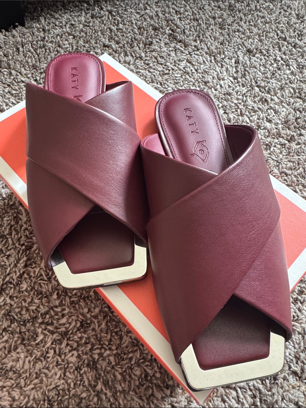 Katy Perry Collections Wine Crisscross Slide Sandals with Silver Accent